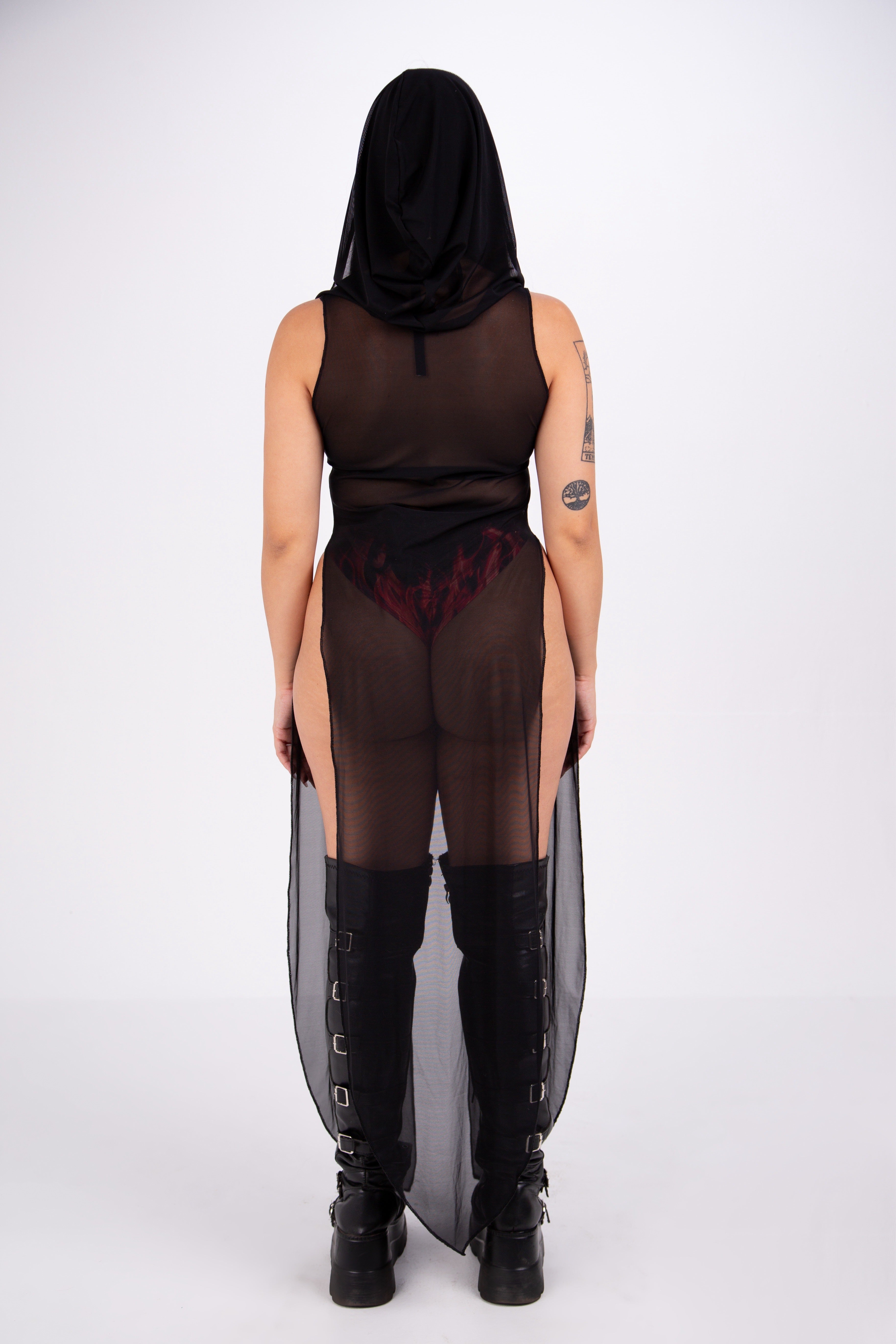 La Cosa Hooded Dress - Black Mesh bodysuit Mi Gente Clothing   