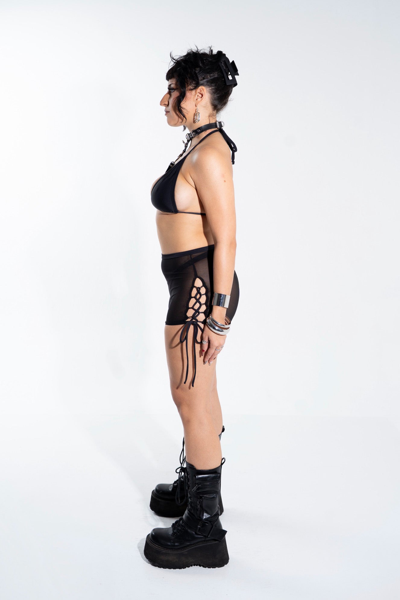 Black Mesh Lace Up Midrise Short Mi Gente Clothing