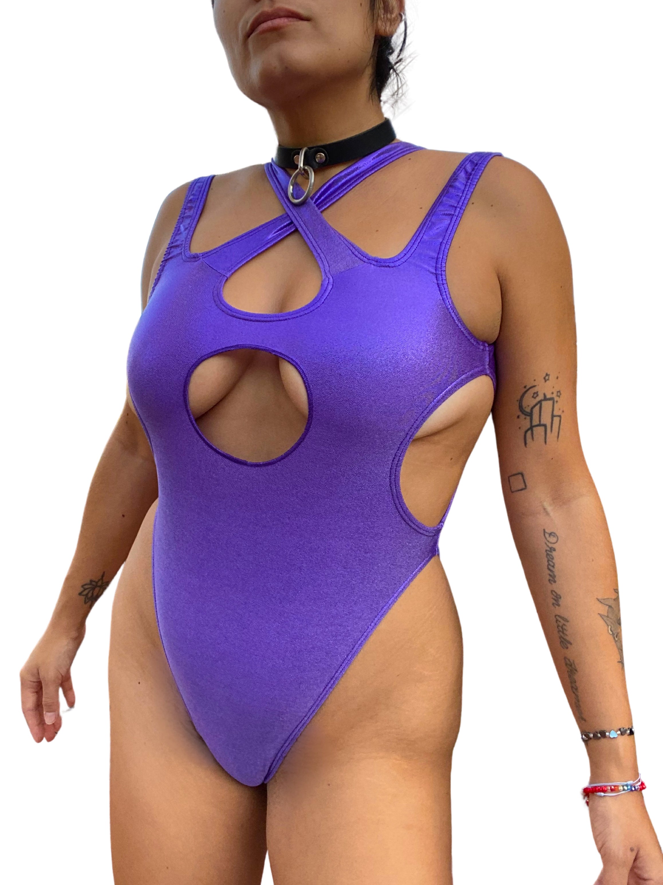 Mezcla Cut Out Bodysuit in Purple Metallic  Mi Gente Clothing   