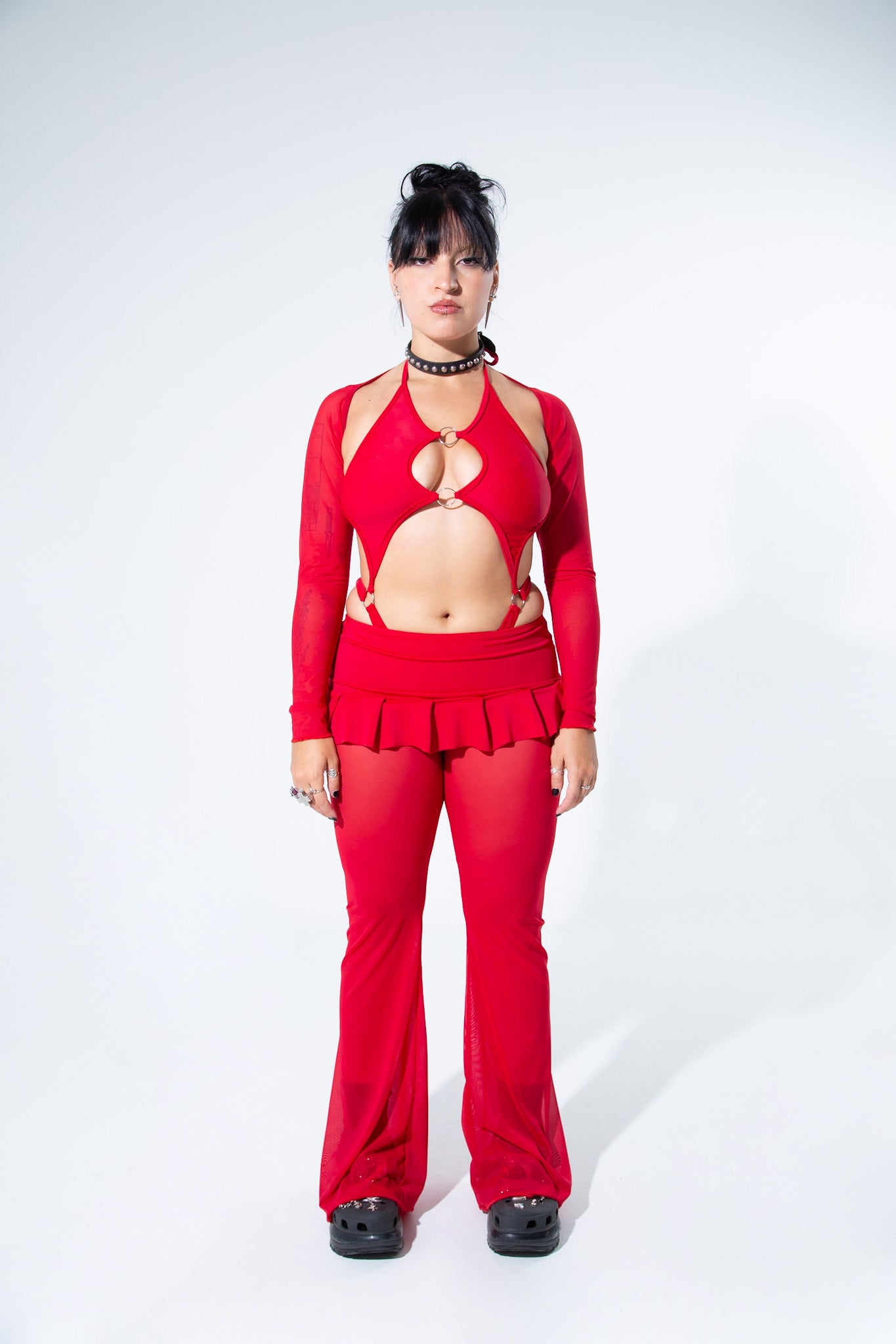 Blood Red Mesh Bell Bottom Pants  Mi Gente Clothing   