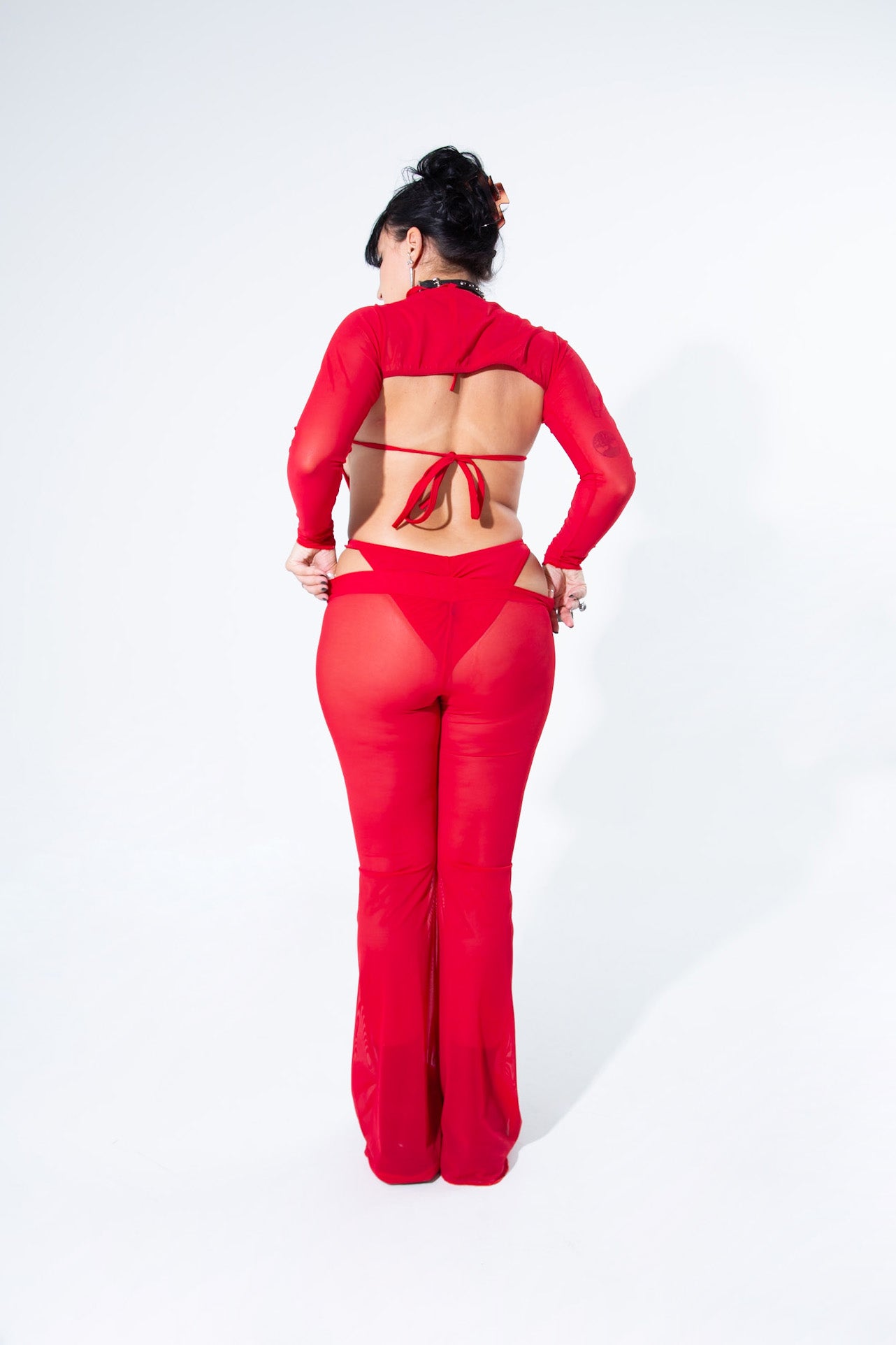 Blood Red Mesh Bell Bottom Pants  Mi Gente Clothing   