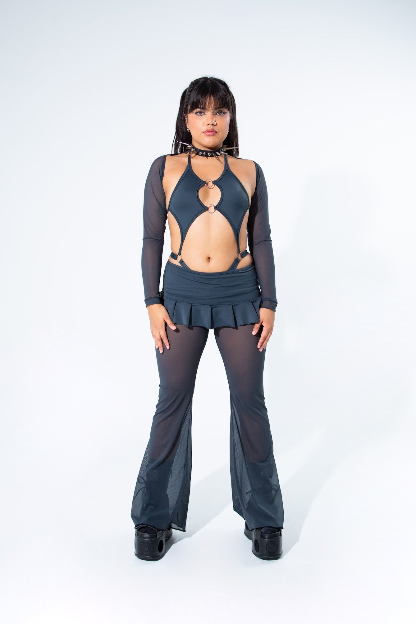 Charcoal Mesh Bell Bottom Pants  Mi Gente Clothing   