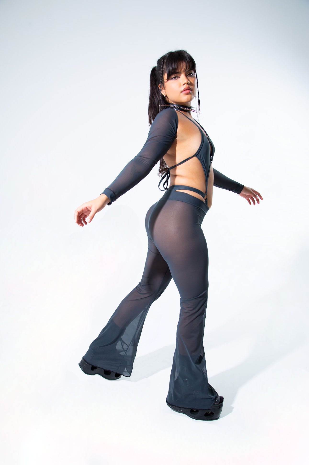 Charcoal Mesh Bell Bottom Pants  Mi Gente Clothing   