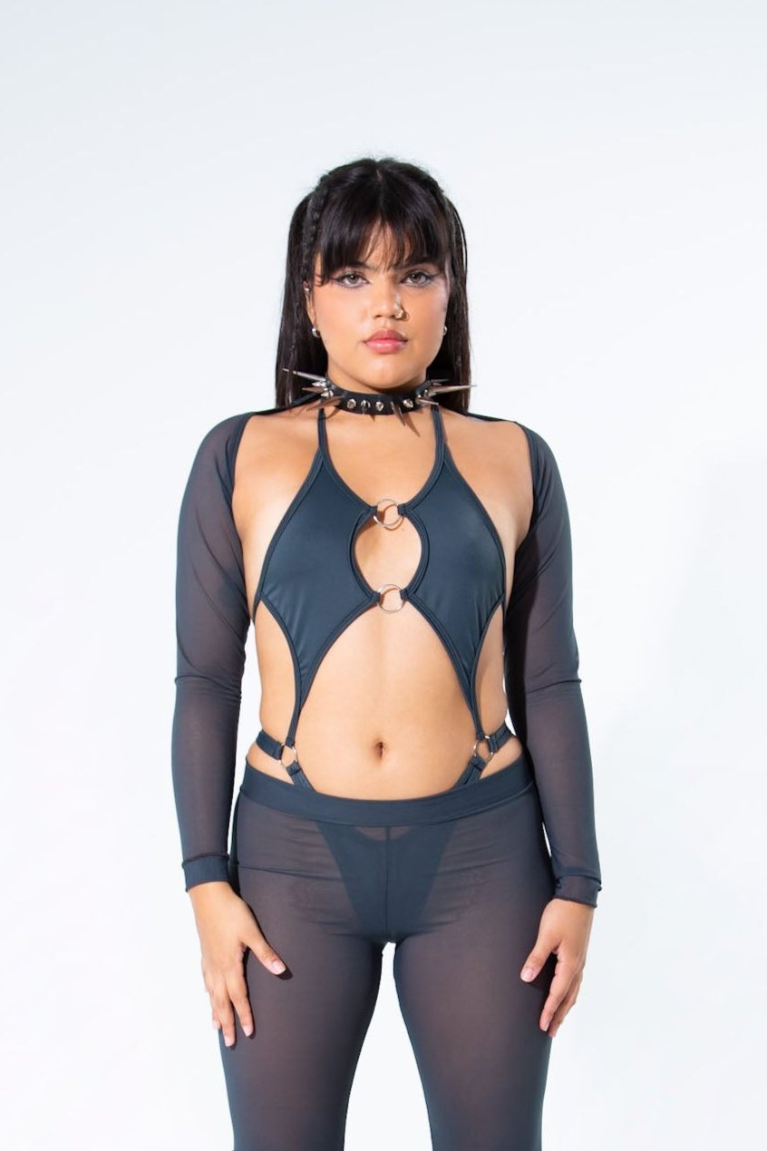 Charcoal Mesh Long Sleeve Shrug Long Sleeve Shrug Mi Gente Clothing   