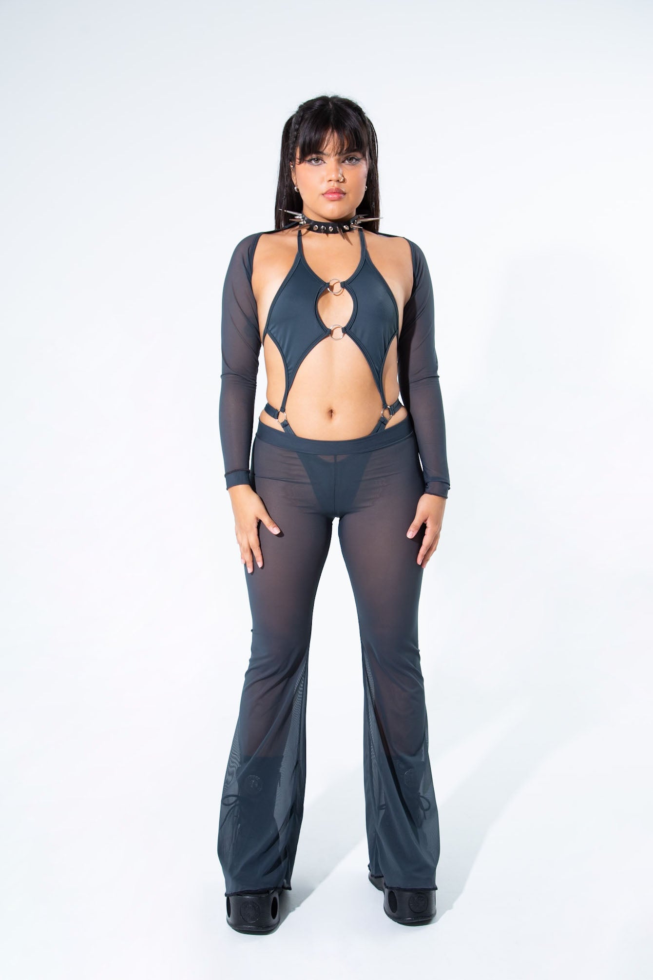 Charcoal Mesh Bell Bottom Pants  Mi Gente Clothing   