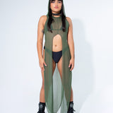 La Cosa Hooded Mesh Dress in Olive Green bodysuit Mi Gente Clothing   