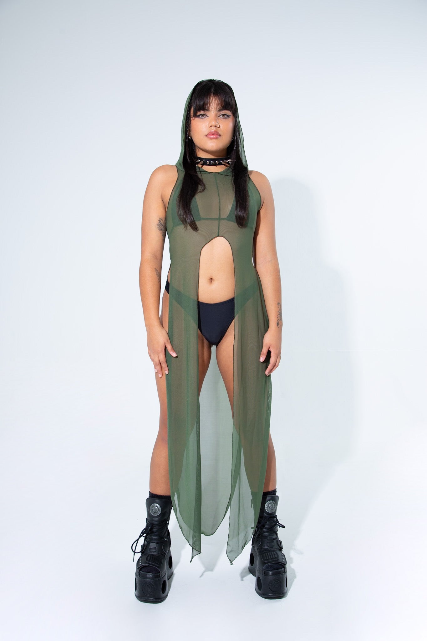 La Cosa Hooded Mesh Dress in Olive Green bodysuit Mi Gente Clothing   