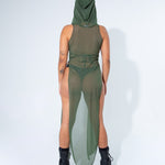 La Cosa Hooded Mesh Dress in Olive Green bodysuit Mi Gente Clothing   