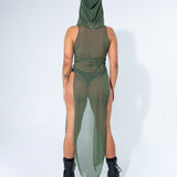 La Cosa Hooded Mesh Dress in Olive Green bodysuit Mi Gente Clothing   