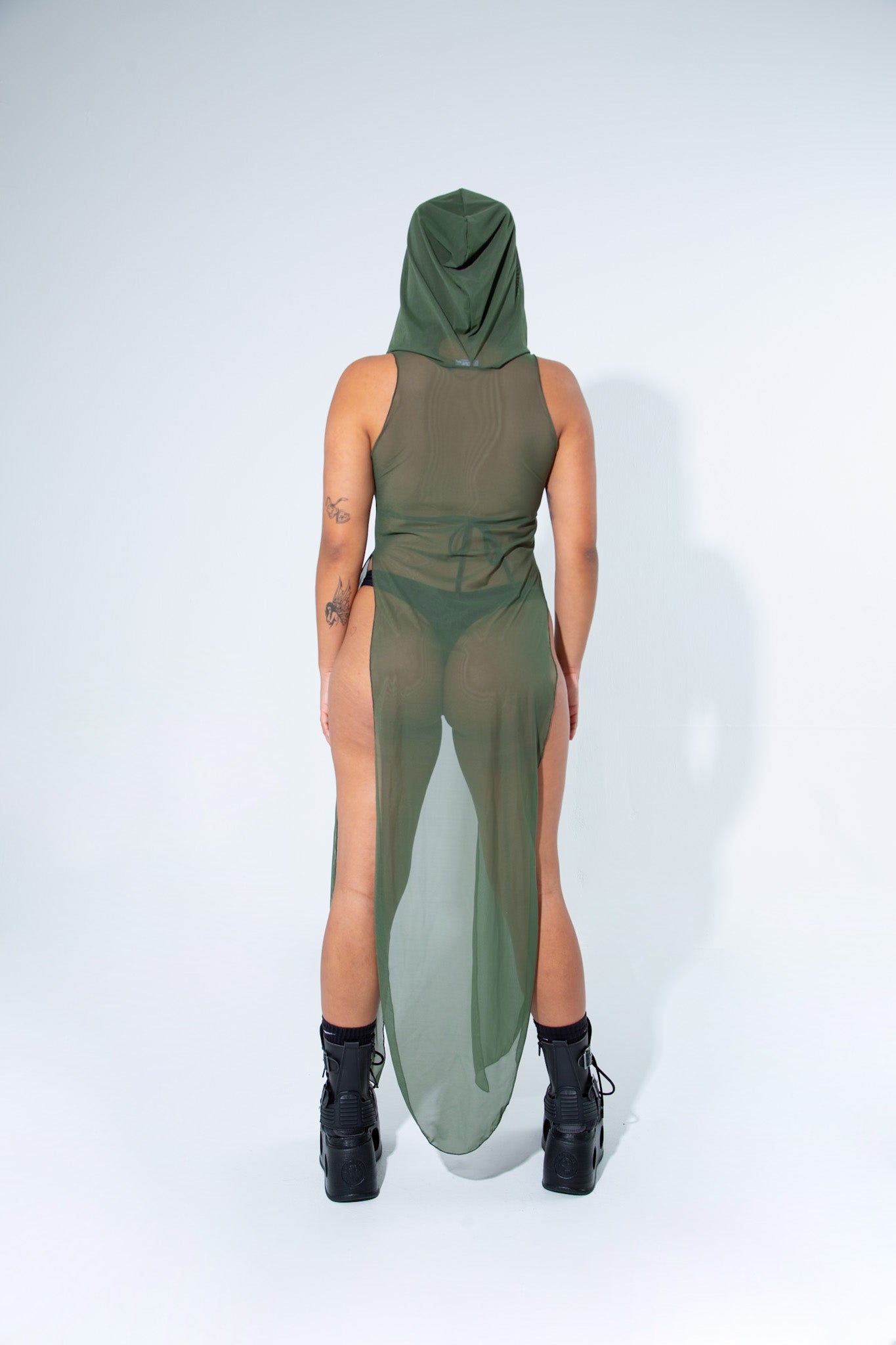 La Cosa Hooded Mesh Dress in Olive Green bodysuit Mi Gente Clothing   