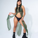 La Cosa Hooded Mesh Dress in Olive Green bodysuit Mi Gente Clothing   