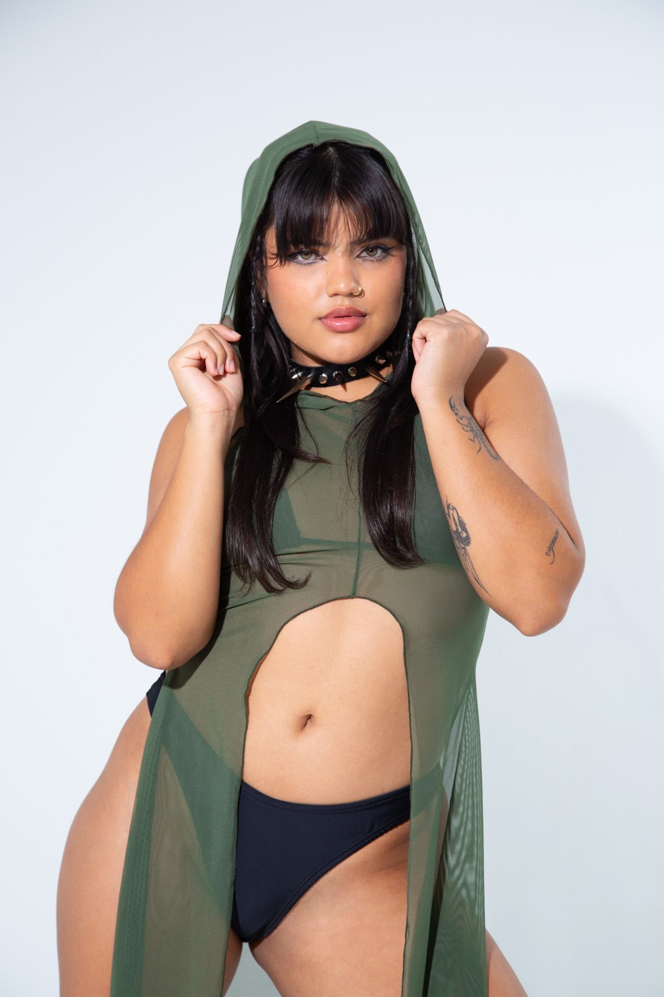 La Cosa Hooded Mesh Dress in Olive Green bodysuit Mi Gente Clothing   