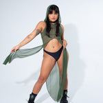 La Cosa Hooded Mesh Dress in Olive Green bodysuit Mi Gente Clothing   