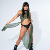 La Cosa Hooded Mesh Dress in Olive Green bodysuit Mi Gente Clothing   