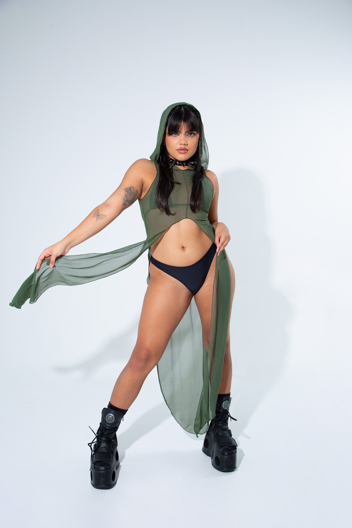 La Cosa Hooded Mesh Dress in Olive Green bodysuit Mi Gente Clothing   