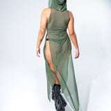 La Cosa Hooded Mesh Dress in Olive Green bodysuit Mi Gente Clothing   