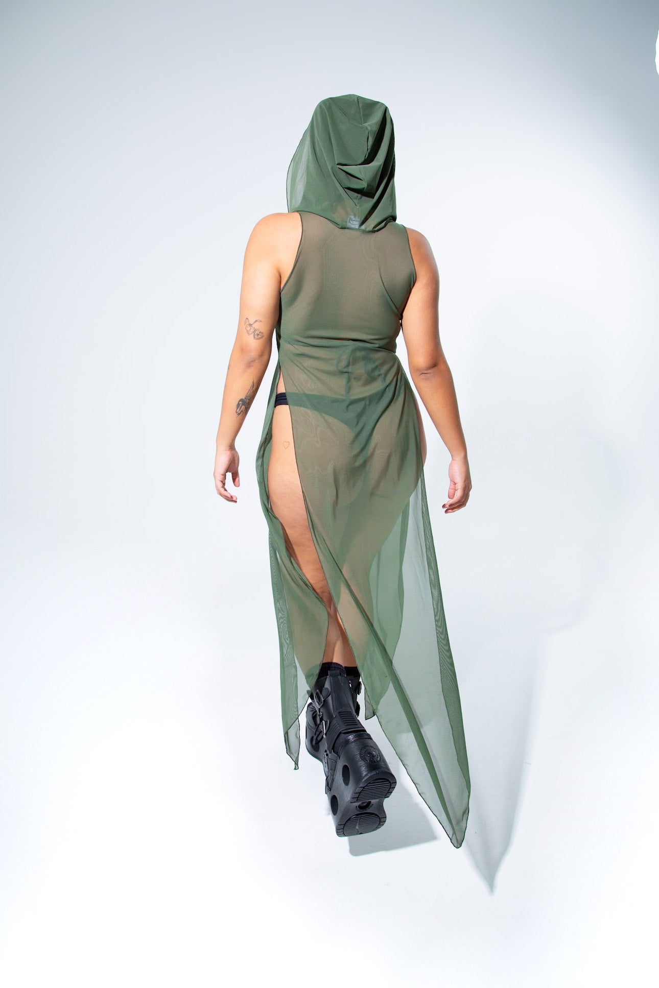 La Cosa Hooded Mesh Dress in Olive Green bodysuit Mi Gente Clothing   