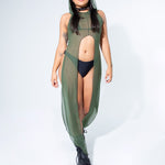 La Cosa Hooded Mesh Dress in Olive Green bodysuit Mi Gente Clothing   