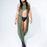 La Cosa Hooded Mesh Dress in Olive Green bodysuit Mi Gente Clothing   