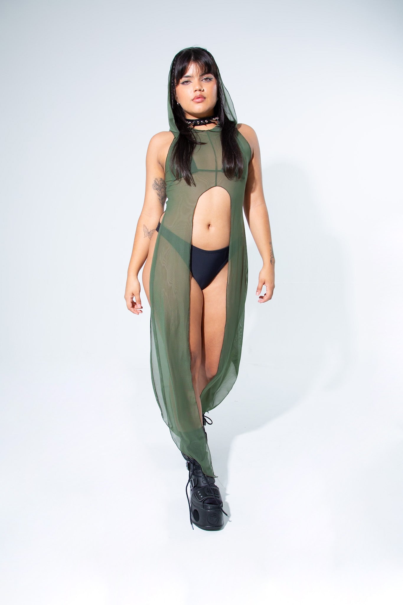 La Cosa Hooded Mesh Dress in Olive Green bodysuit Mi Gente Clothing   