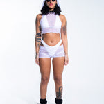 Hooded Crop Tank Top - White Mesh crop top Mi Gente Clothing   