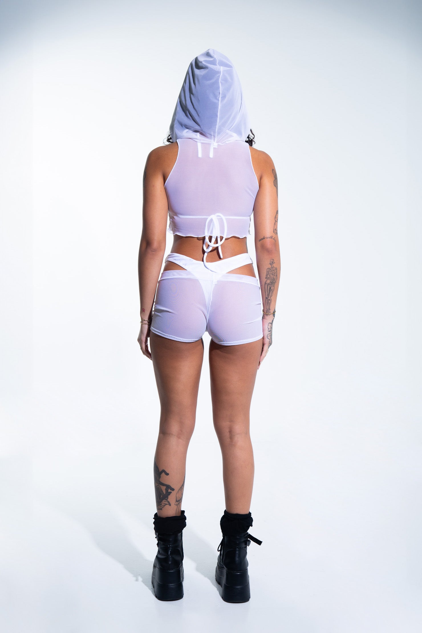 Hooded Crop Tank Top - White Mesh crop top Mi Gente Clothing   