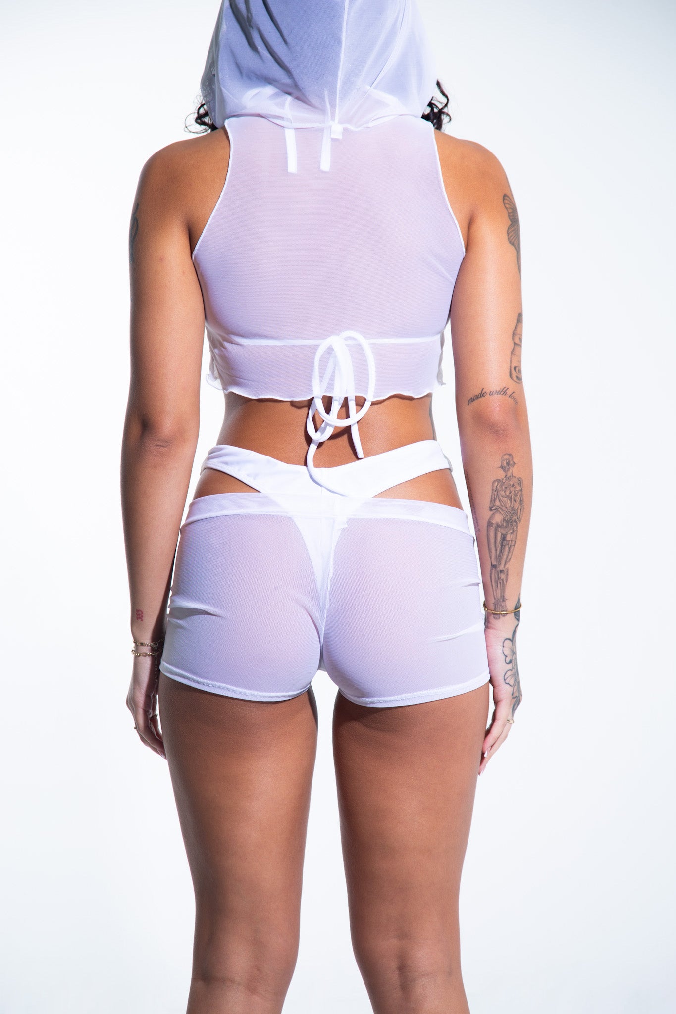 Hooded Crop Tank Top - White Mesh crop top Mi Gente Clothing   