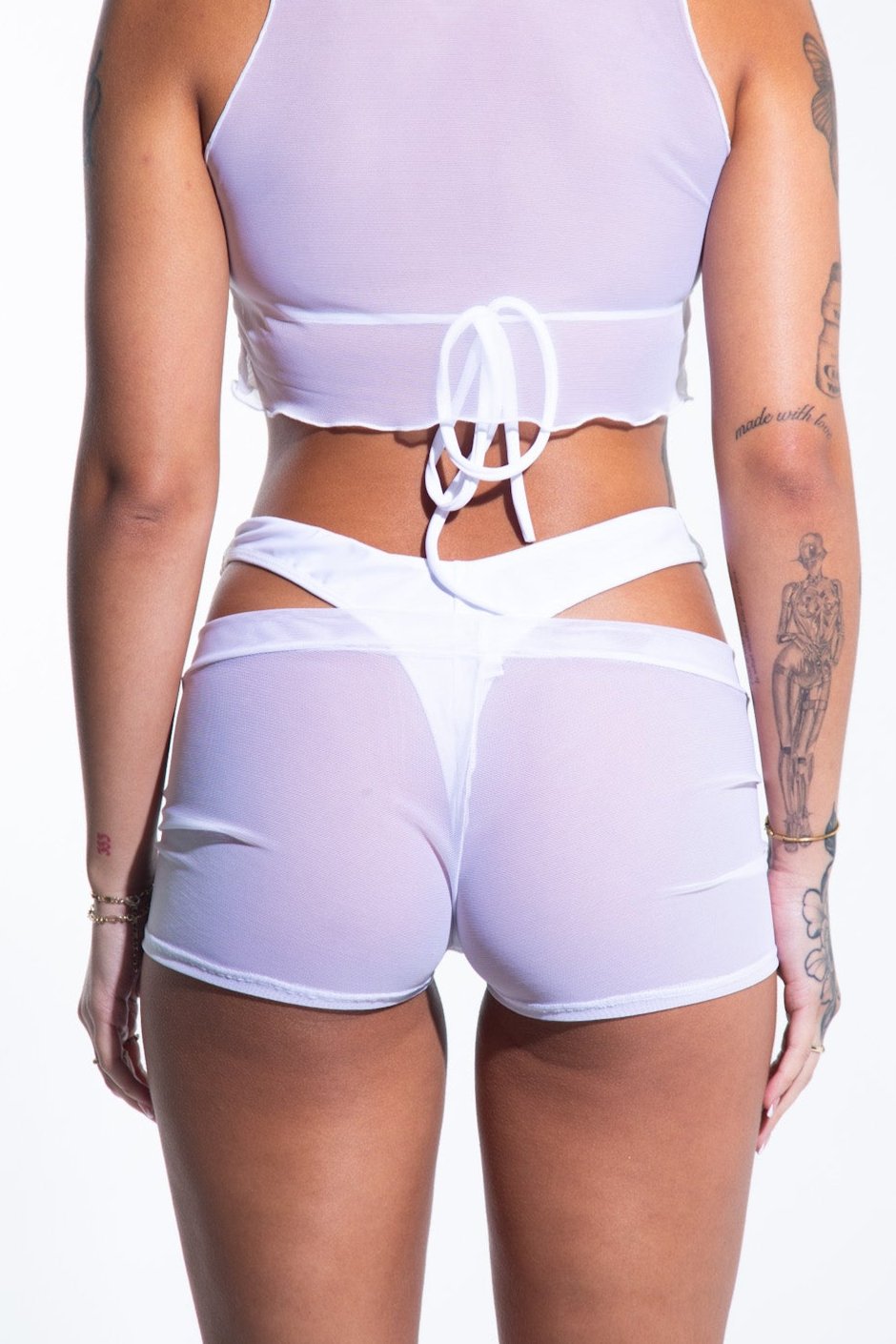 Low Rise Shorts - White Mesh Shorts Mi Gente Clothing   