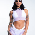 Hooded Crop Tank Top - White Mesh crop top Mi Gente Clothing   