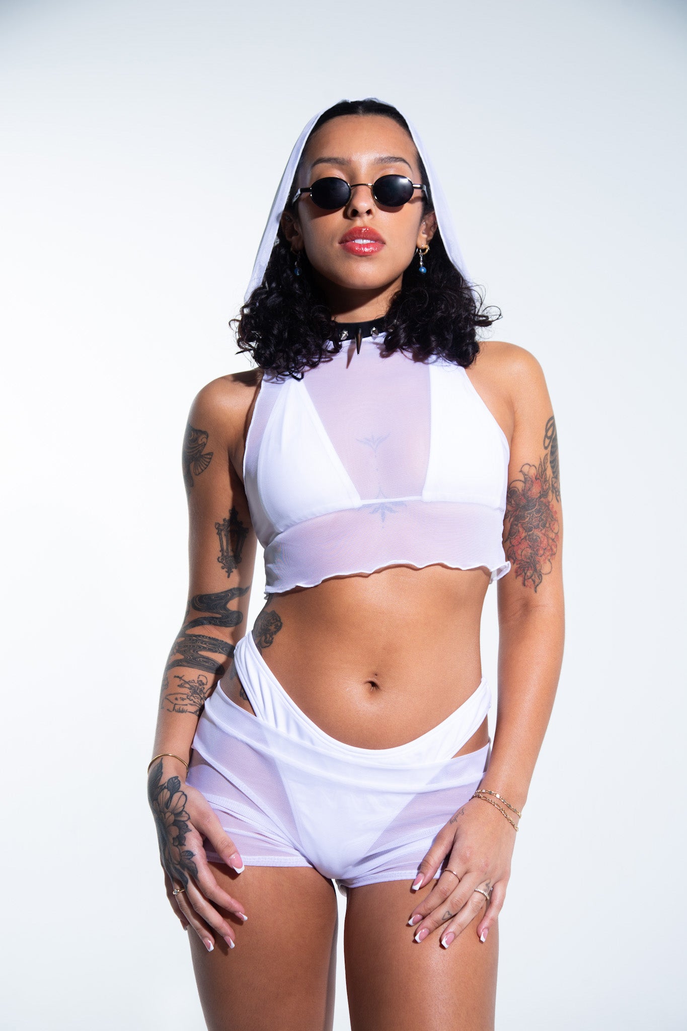 Hooded Crop Tank Top - White Mesh crop top Mi Gente Clothing   