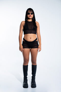 Hooded Crop Tank Top - Black Mesh crop top Mi Gente Clothing