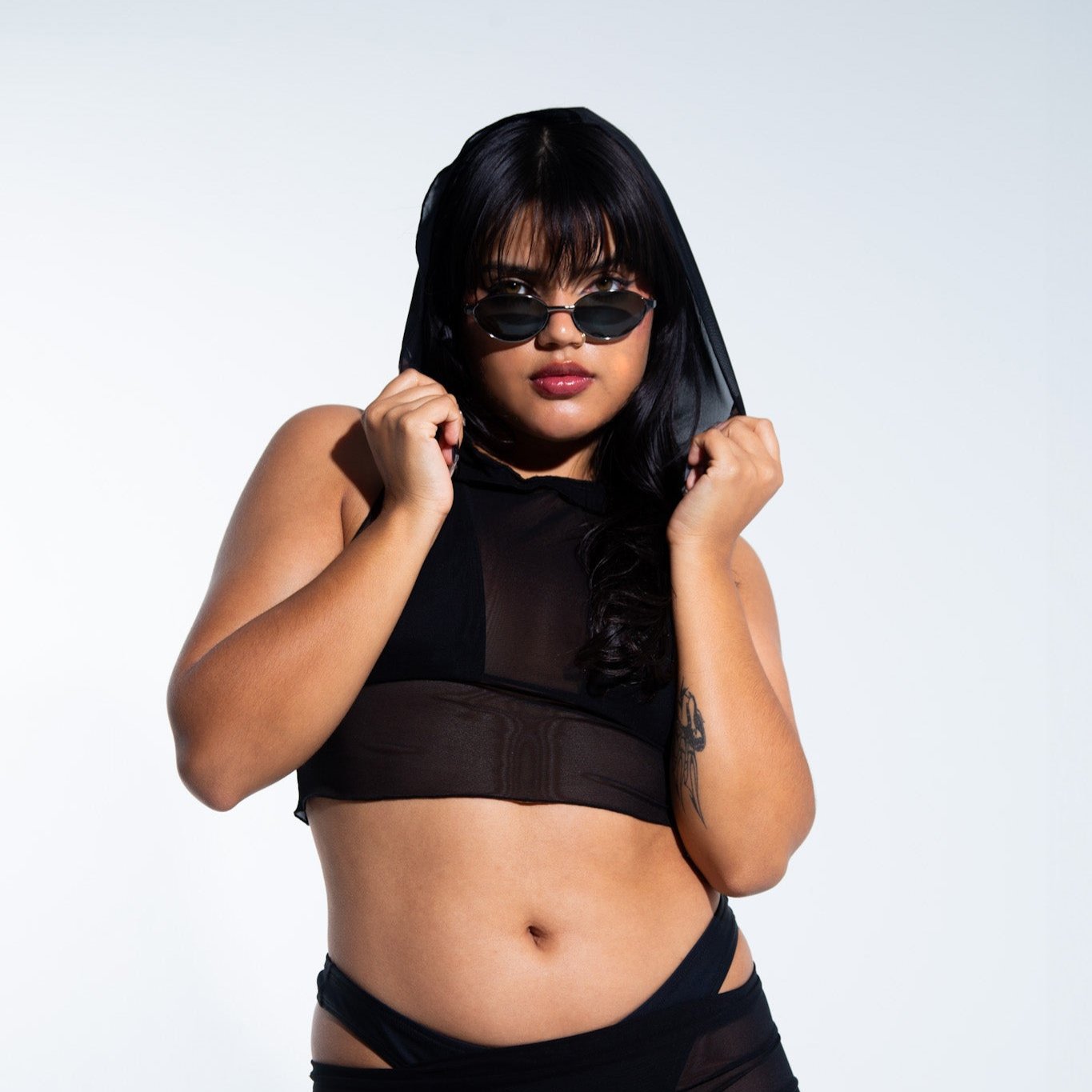 Hooded Crop Tank Top - Black Mesh crop top Mi Gente Clothing   