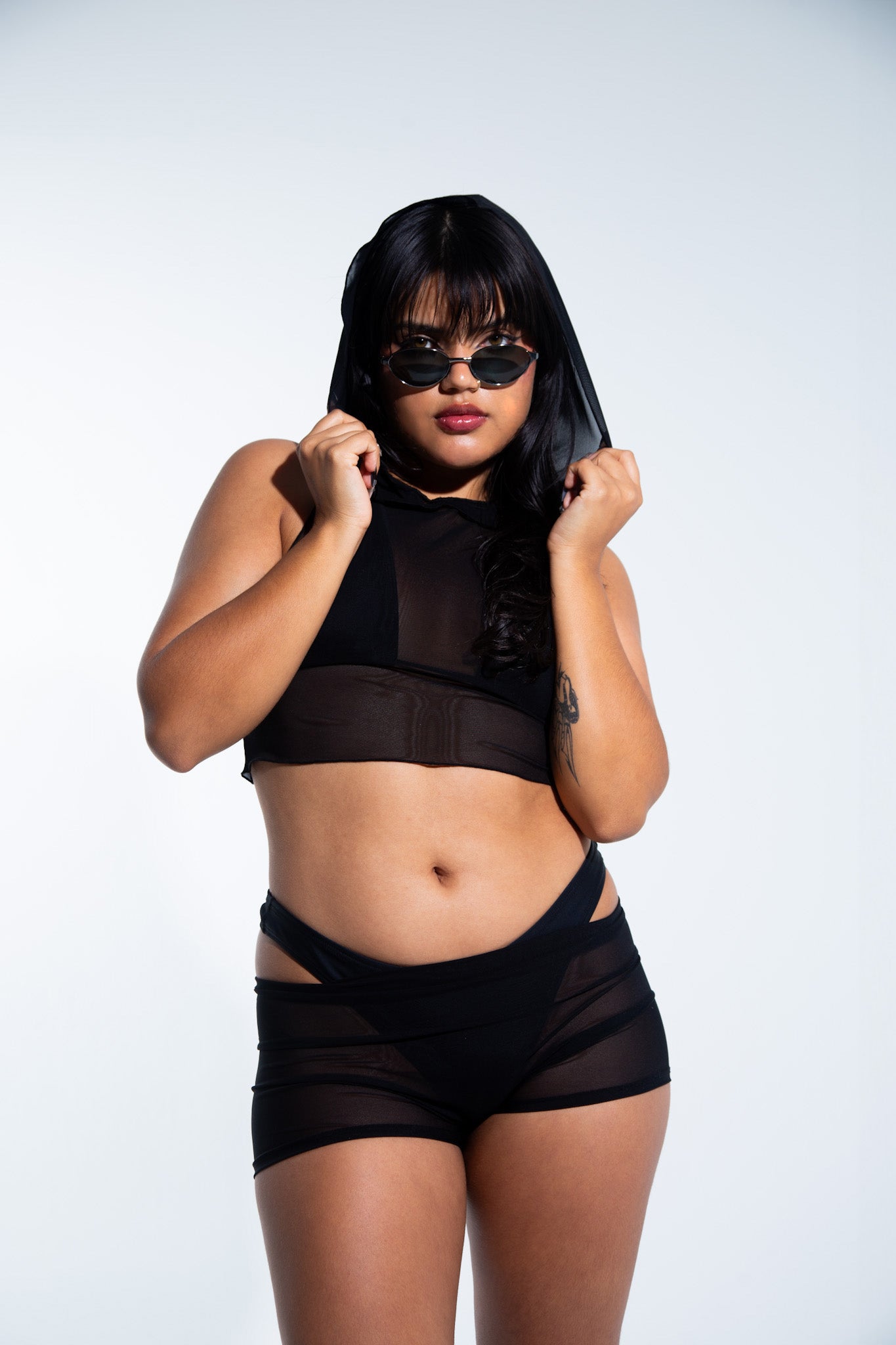 Hooded Crop Tank Top - Black Mesh crop top Mi Gente Clothing   