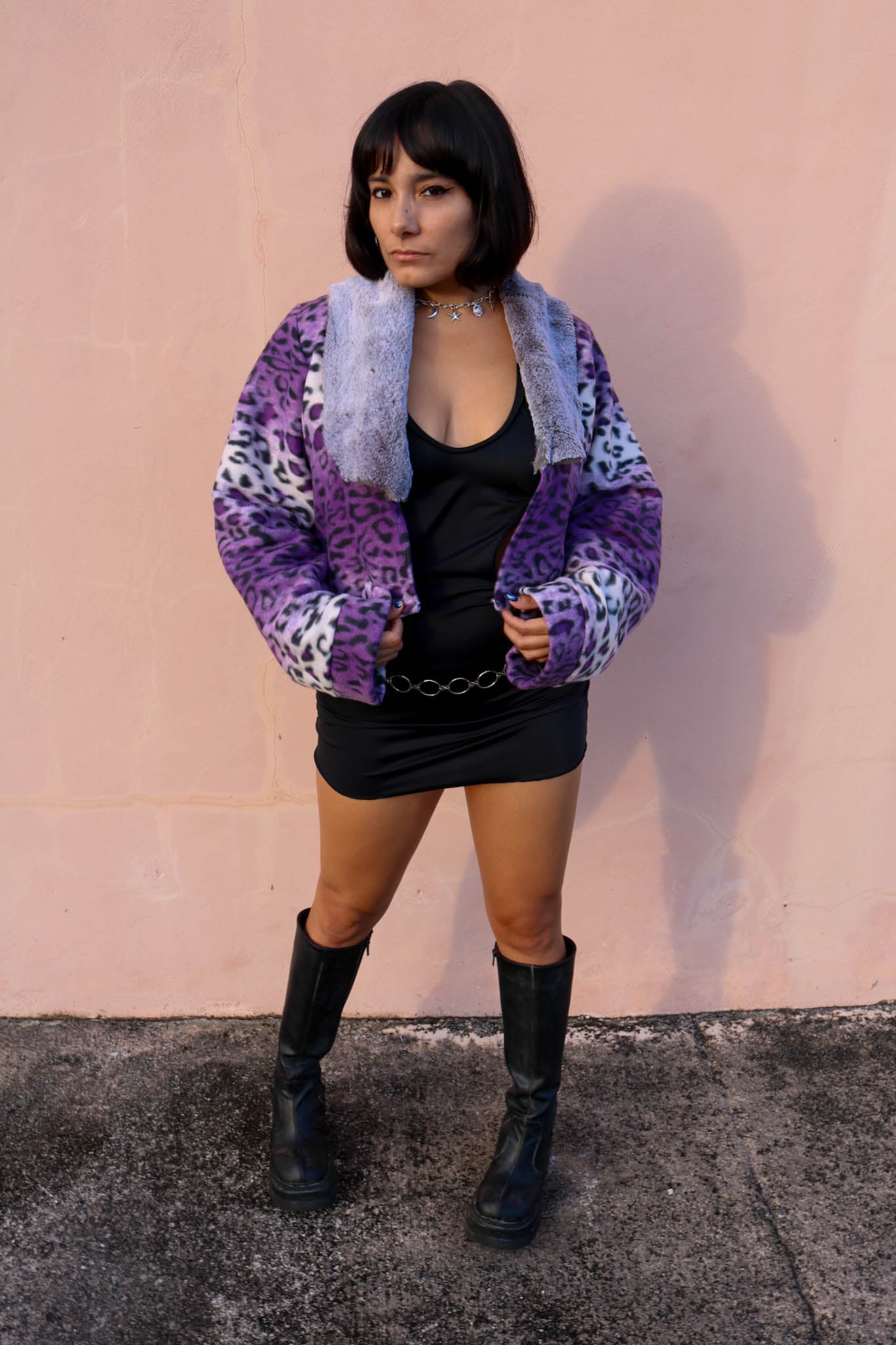 Purple Leopard Fleece Cropped Jacket with Faux Fur Collar festival jacket Mi Gente Clothing   