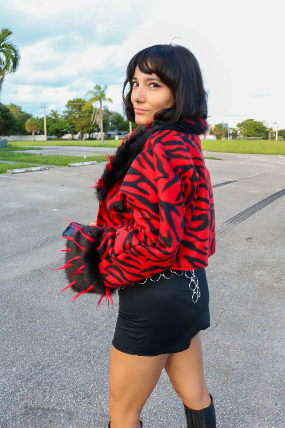 Red Zebra Fleece Cropped Jacket with Faux Fur Collar festival jacket Mi Gente Clothing   