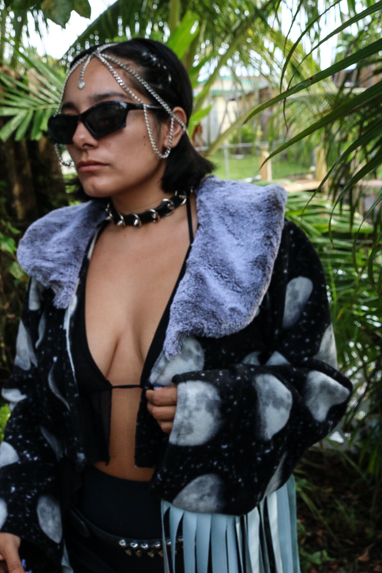 Luna Llena Fringe Cropped Jacket with Faux Fur Collar festival jacket Mi Gente Clothing   