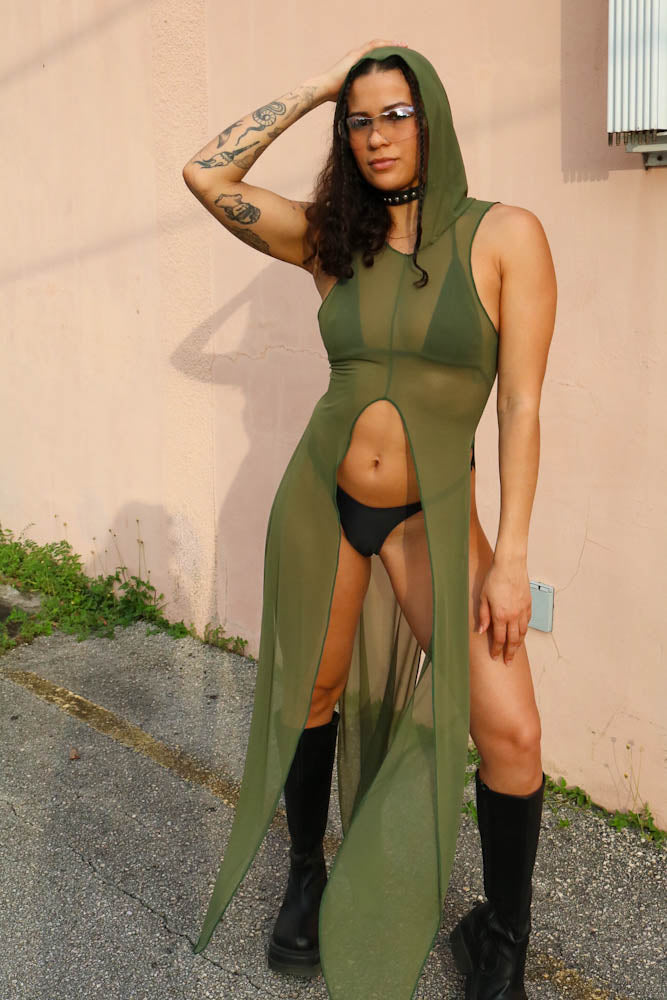 La Cosa Hooded Mesh Dress in Olive Green bodysuit Mi Gente Clothing   