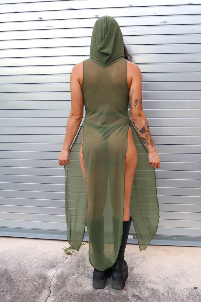 La Cosa Hooded Mesh Dress in Olive Green bodysuit Mi Gente Clothing   