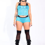 Aqua Mesh Midrise Shorts – front view styled – aqua mesh festival shorts