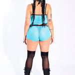 Aqua Mesh Midrise Shorts – front detail, side turn – aqua mesh shorts detail