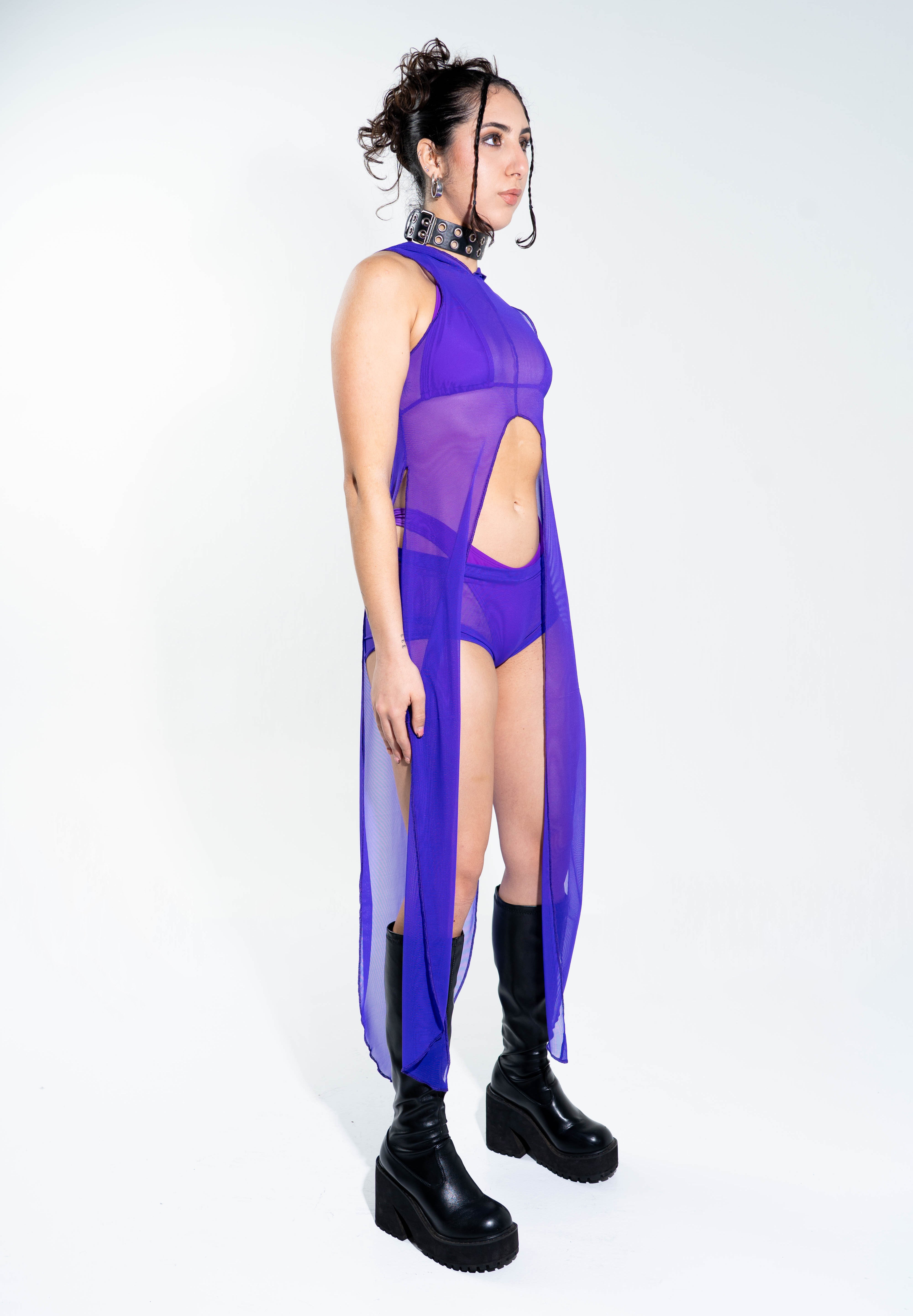 La Cosa Hooded Mesh Dress in Purple Mi Gente Clothing