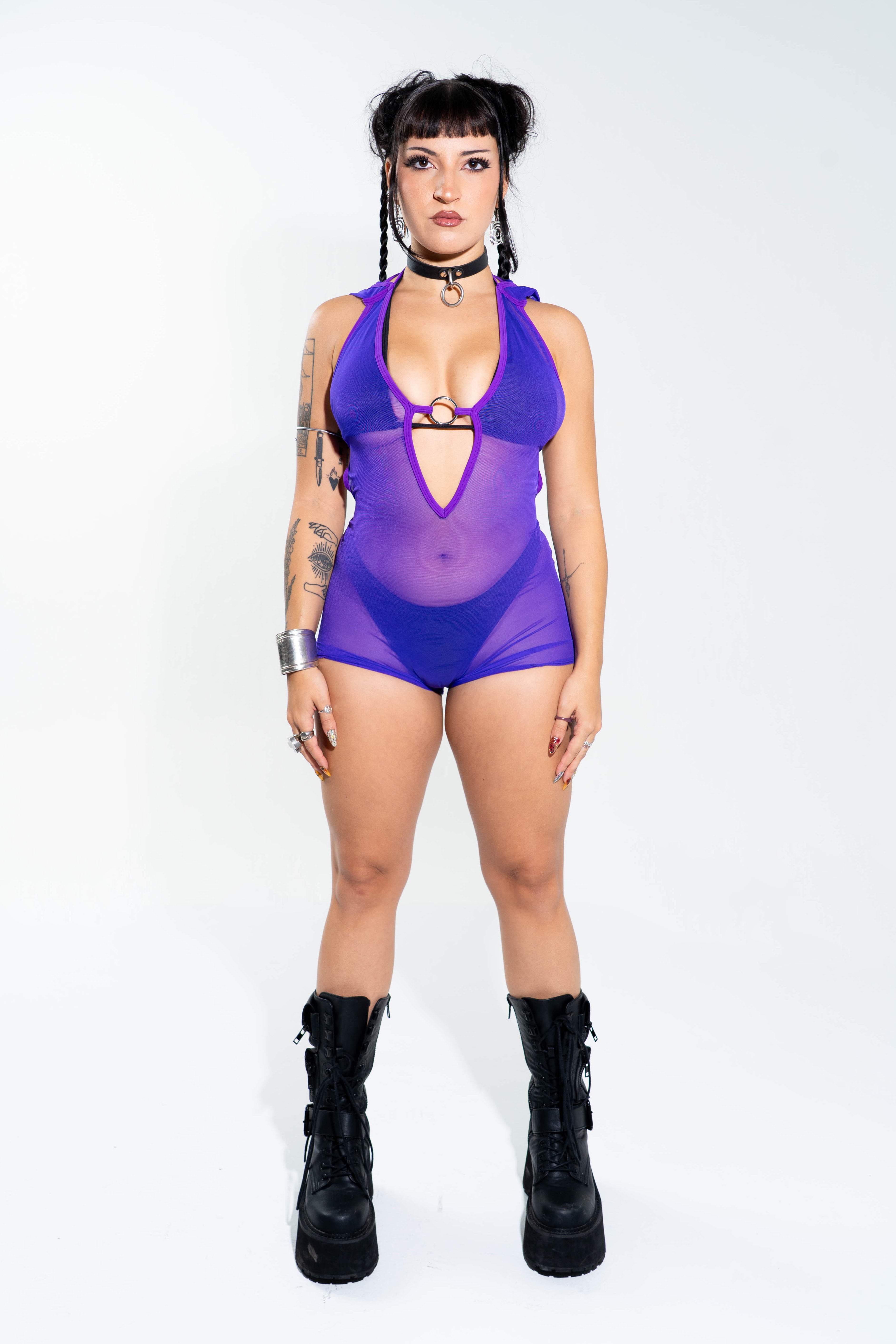 Purple Mesh Hooded Playsuit Mi Gente Clothing