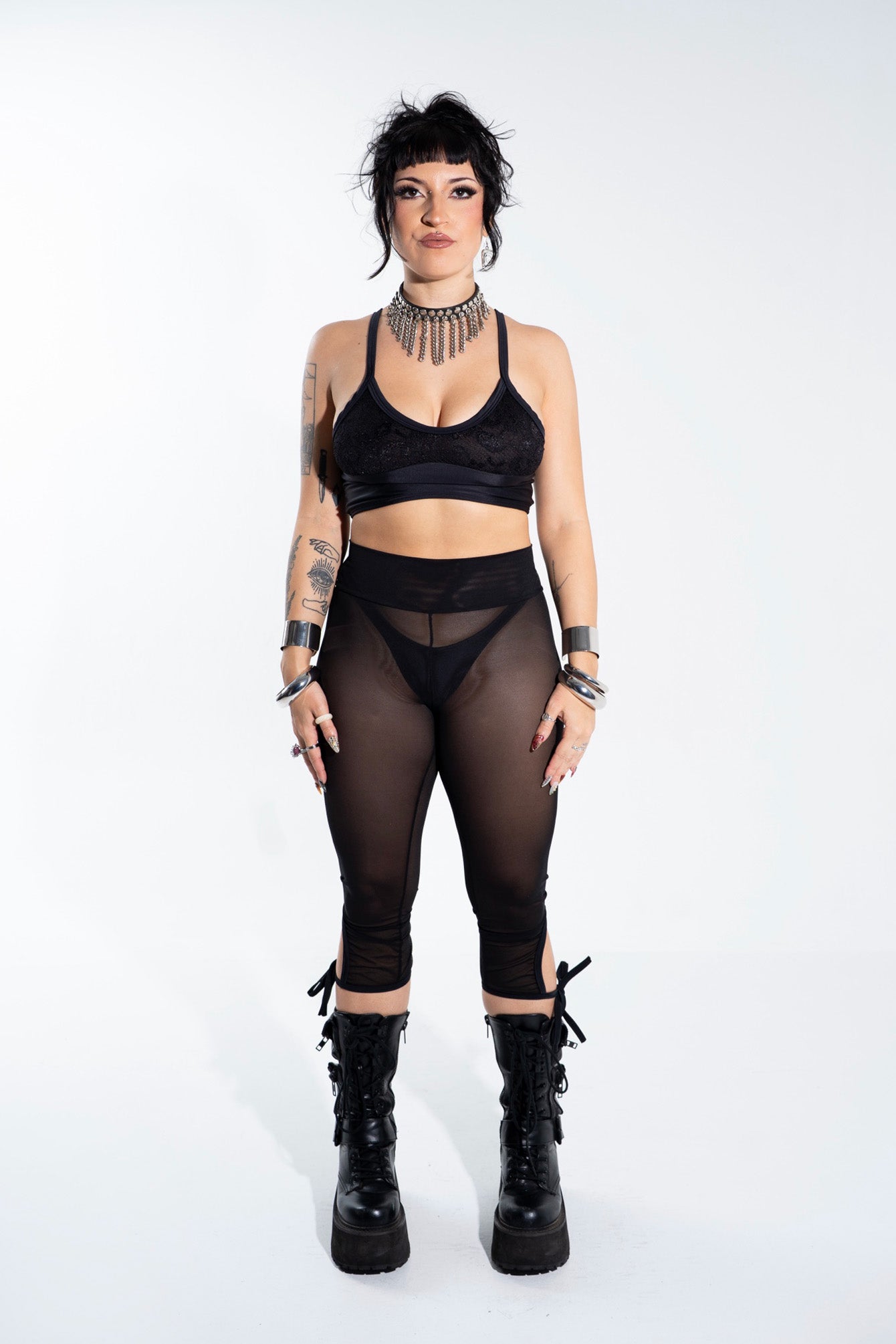 Black Mesh Cut Out Capri Pants Mi Gente Clothing