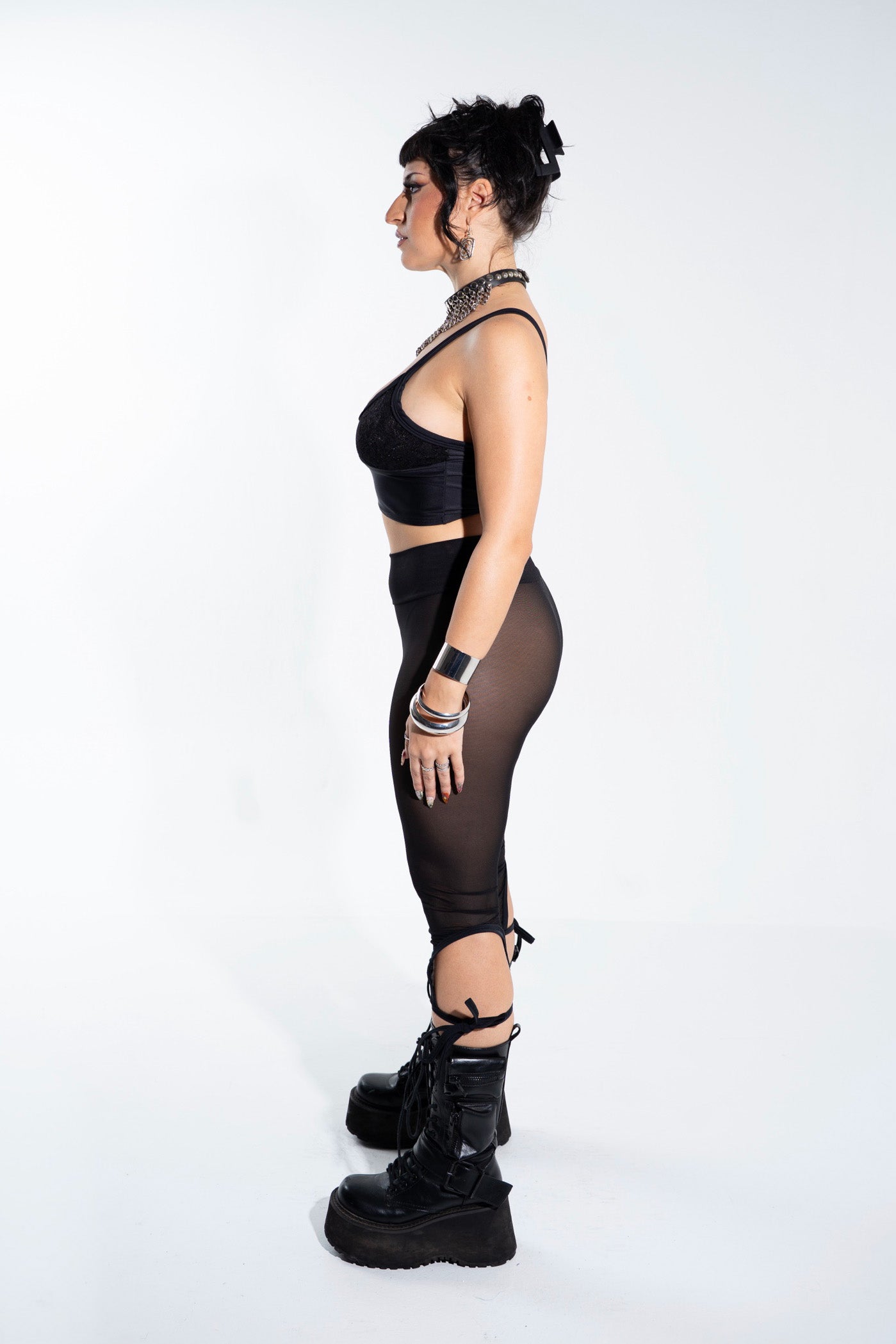 Black Mesh Cut Out Capri Pants Mi Gente Clothing