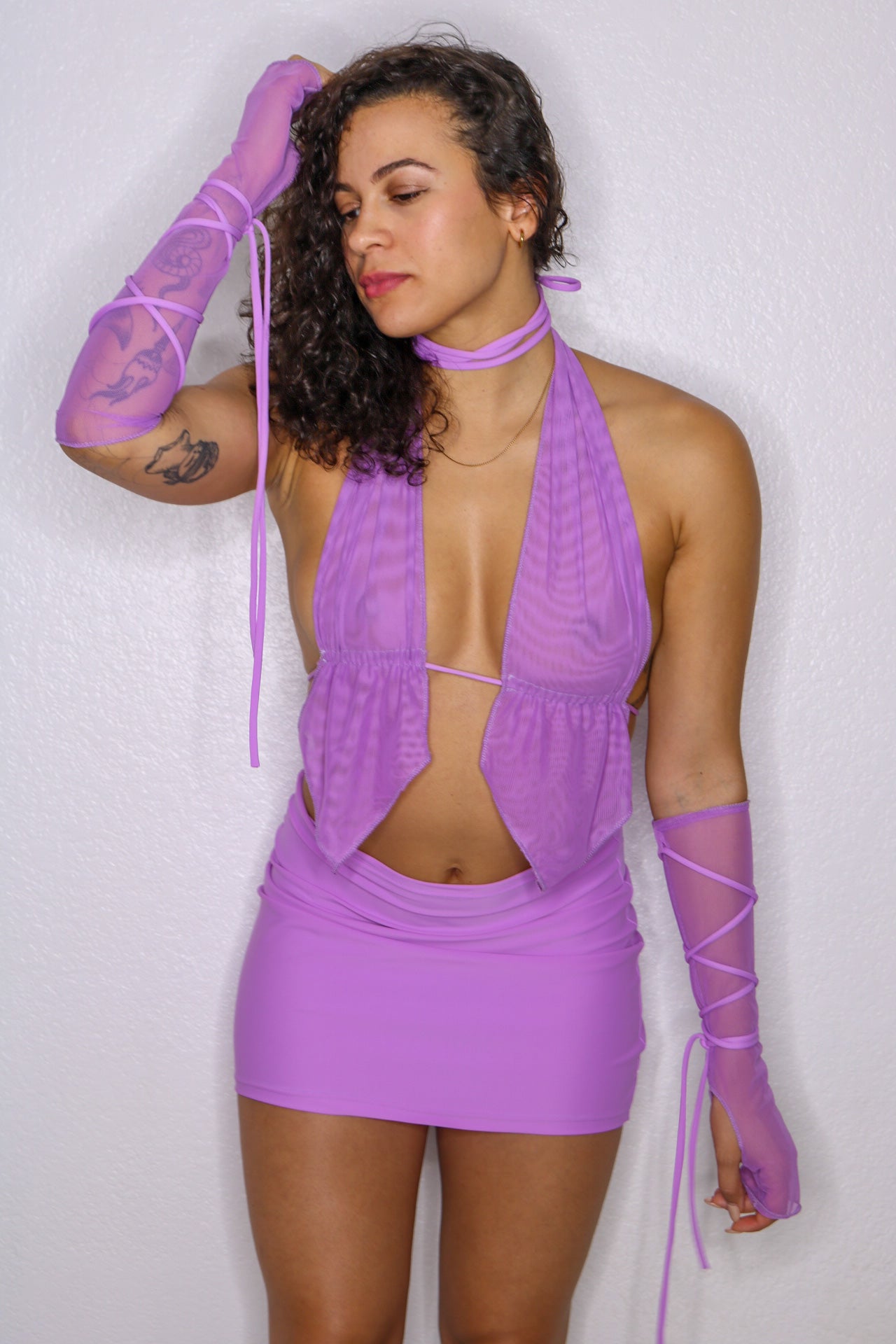 The Nympho Top in Lilac Mesh HALTER TOP Mi Gente Clothing   