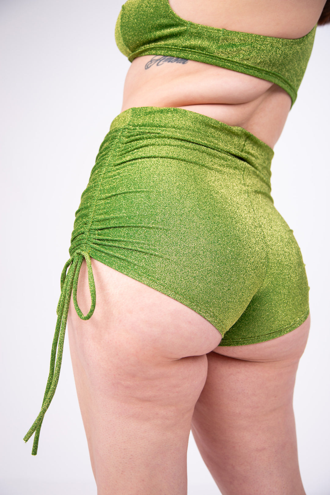Side Scrunch Shorts in Green Glitter shorts Mi Gente Clothing   