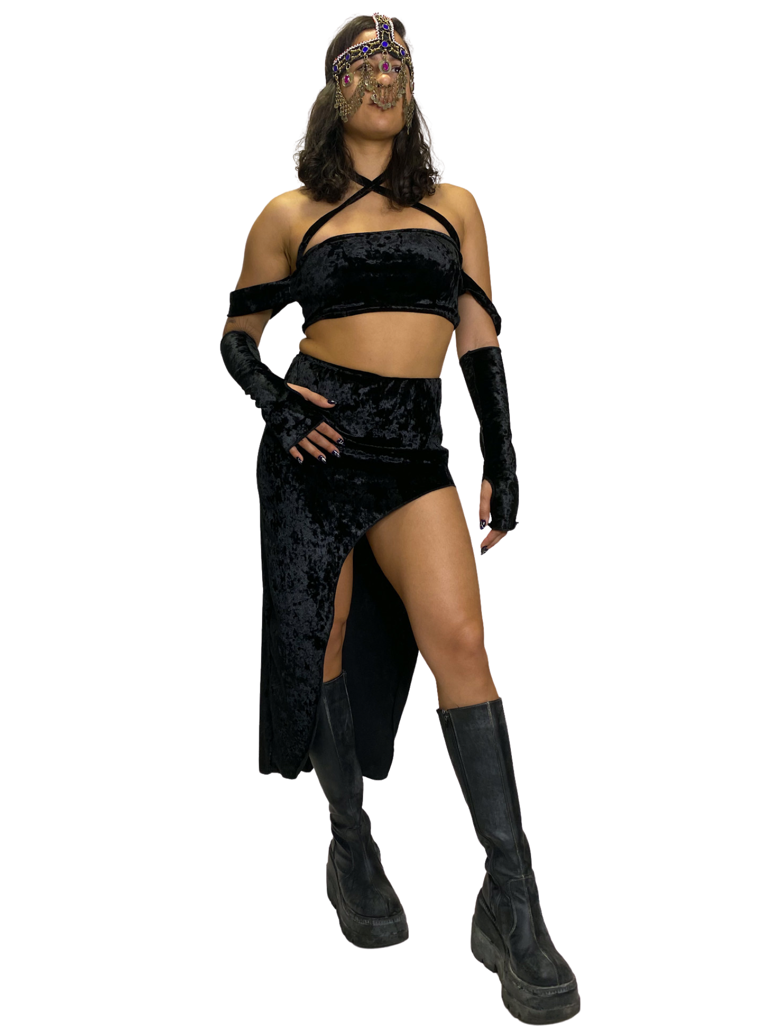 Diosa Black Crushed Velvet Asymmetric Skirt skirt Mi Gente Clothing   