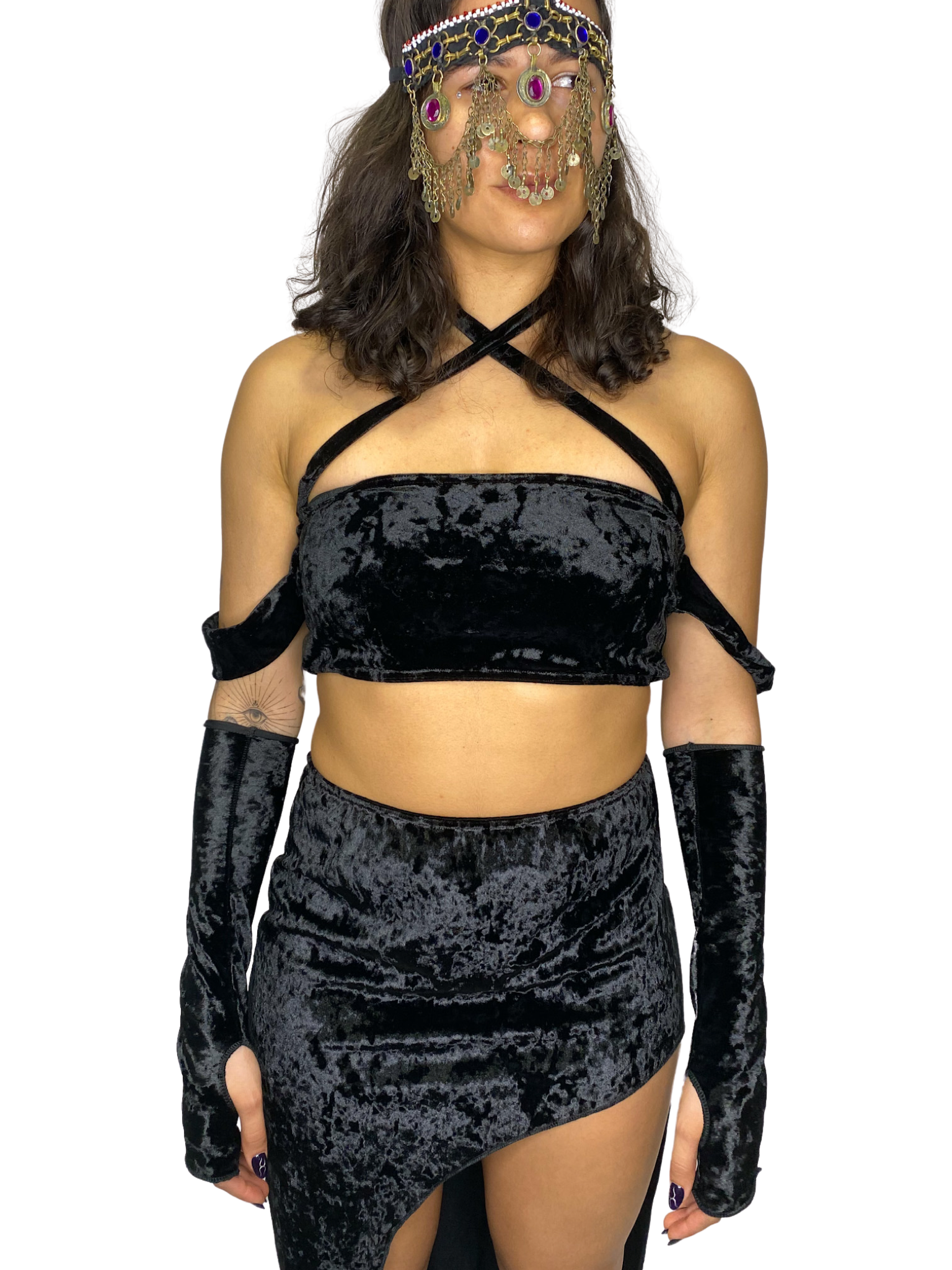 Diosa Black Crushed Velvet Arm Sleeves arm sleeves Mi Gente Clothing   