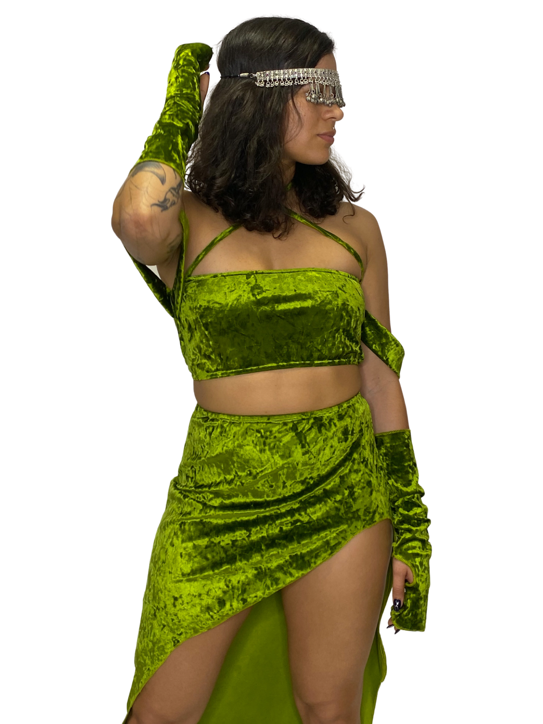Diosa Olive Green Crushed Velvet Asymmetric Skirt skirt Mi Gente Clothing   