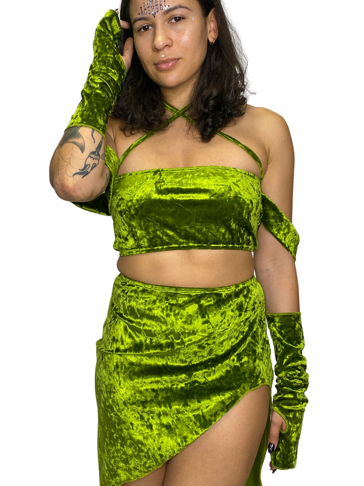 Diosa Olive Green Crushed Velvet Asymmetric Skirt skirt Mi Gente Clothing   